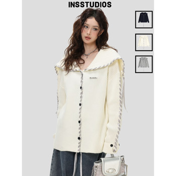 Insstudios large folded navy collar ribbon sweater Insstudios large folded navy collar ribbon sweater