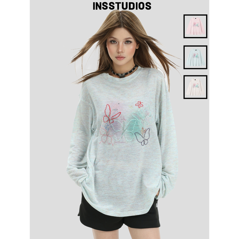 Insstudios Chinese Trendy Brand American-Style Ribbon Embroidery Butterfly Long-Sleeve Blouse Loose Breathable Colorful Yarn Top T-Shirt for Women