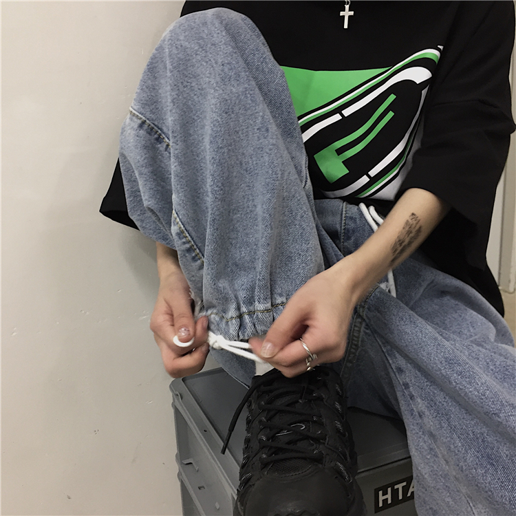 INSstudios trend ins retro hip-hop loose wide-leg pants drawstring elastic jeans trousers men's and women's tide