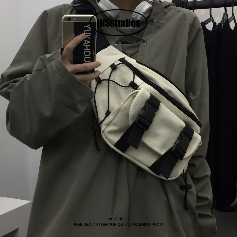 INSstudios Tide in Japanese retro tactical function of skinny bag drawing and button canvas pocket for men and women