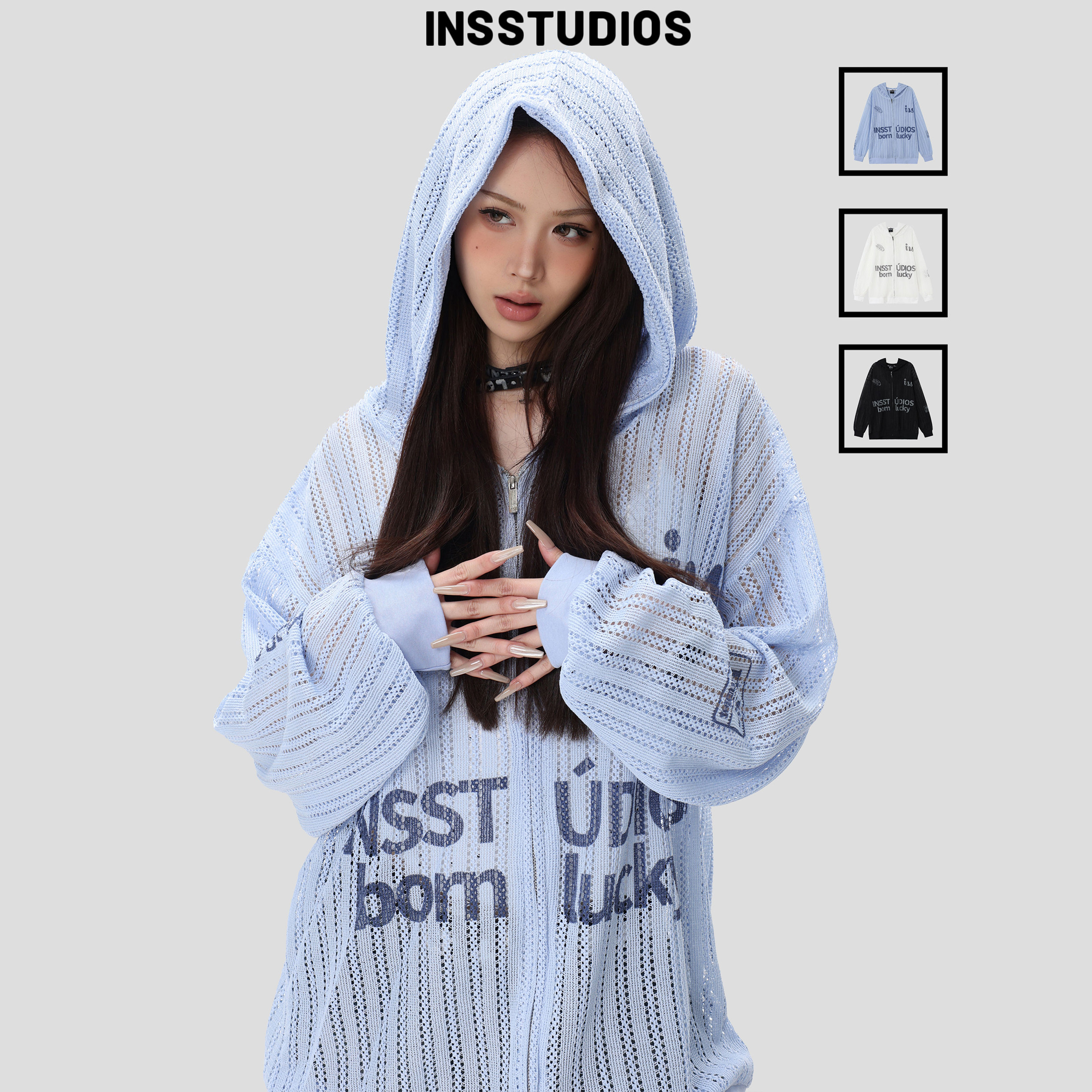 INSstudios 国潮情侣「镂空针织凉感防晒罩衫」夏季宽松连帽长袖