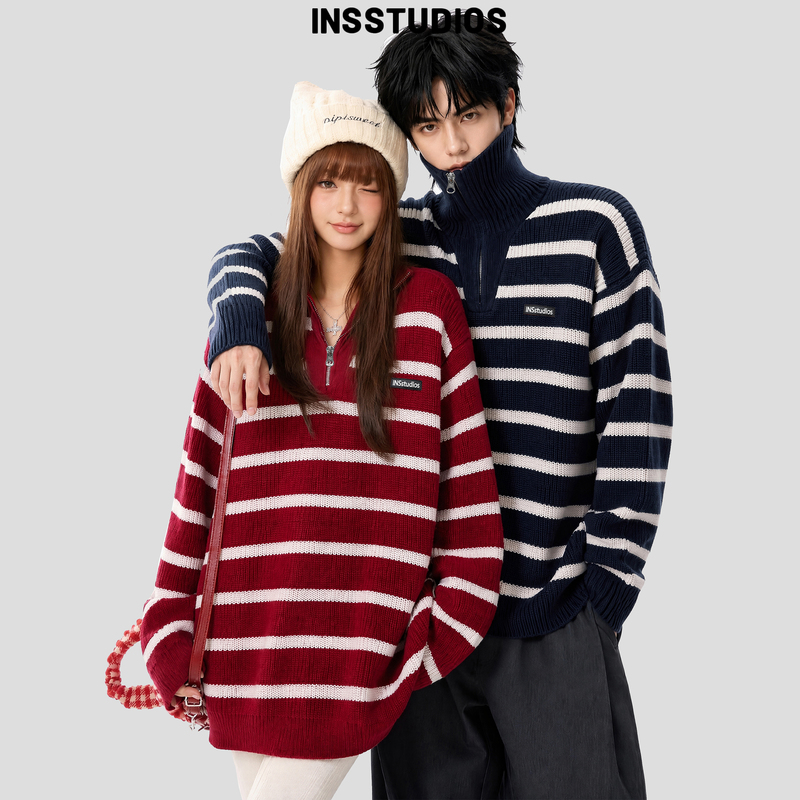 Insstudios Chinese-Style American Fashion "Half-Zip Striped Sweater with a Turn-Down Collar and Loose Fit, High-Neck Pullover Knitwear