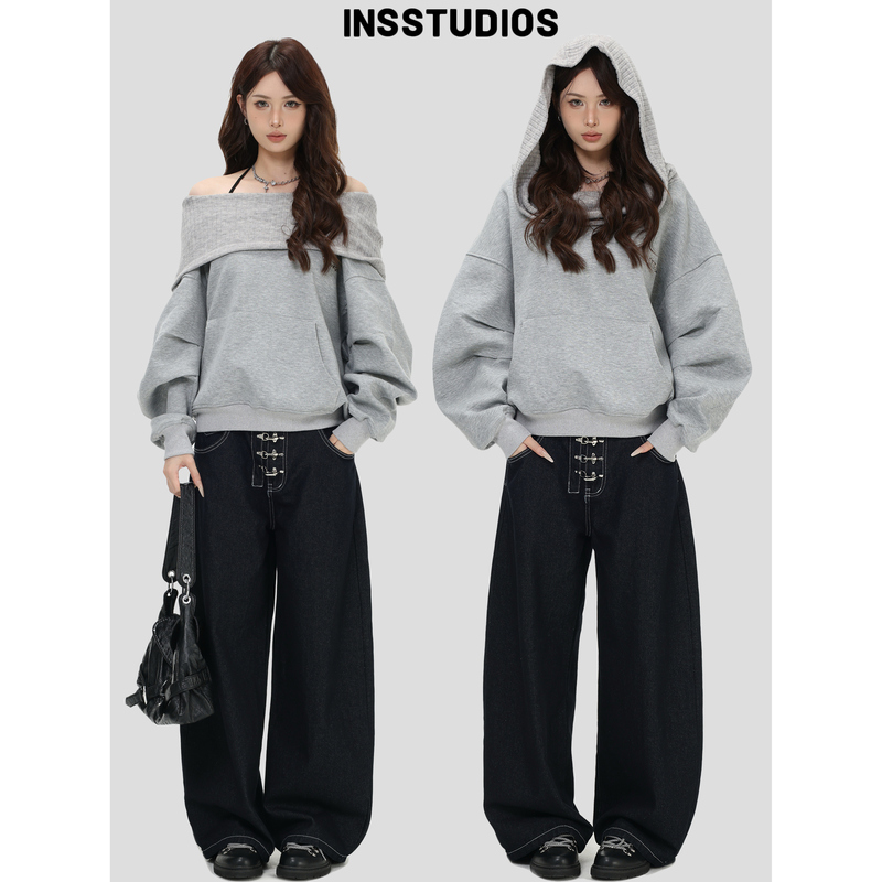 Insstudios Chinese-Style American Fashion "Off-Shoulder Hooded Sweatshirt with One-Line Neckline" Loose Air Layer Off-Shoulder Top