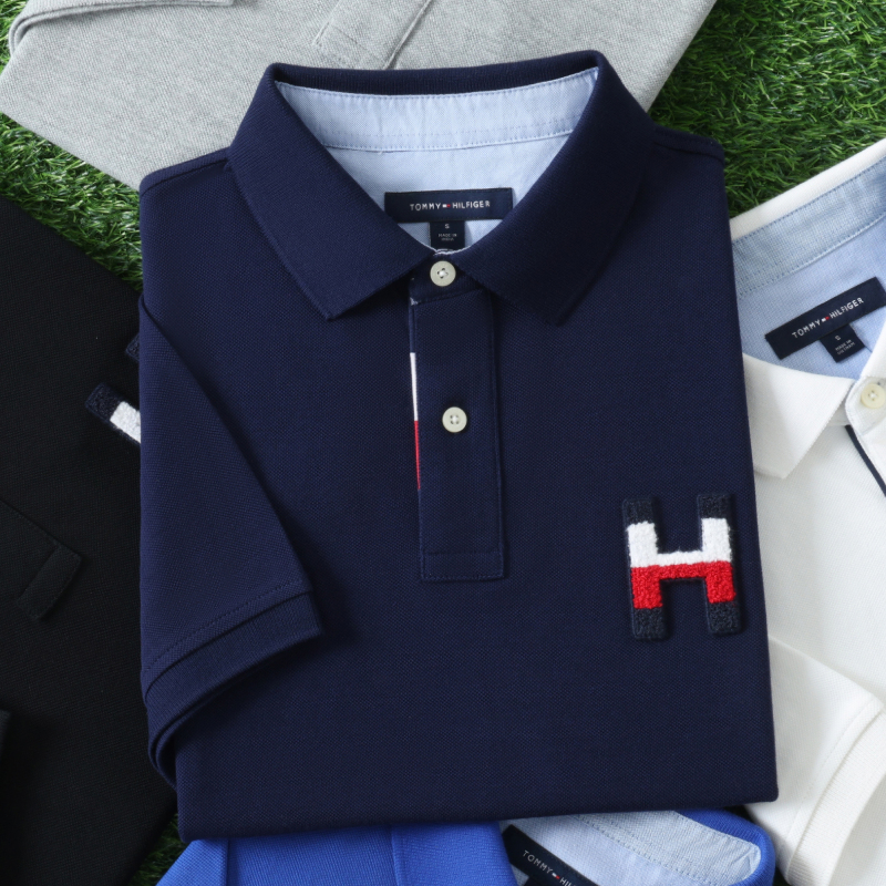 Domestic In-Stock Tommy Short-Sleeve Polo Shirt, Business Casual, Loose Fit, Wrinkle-Free Pique Cotton, Collared T-Shirt for Men