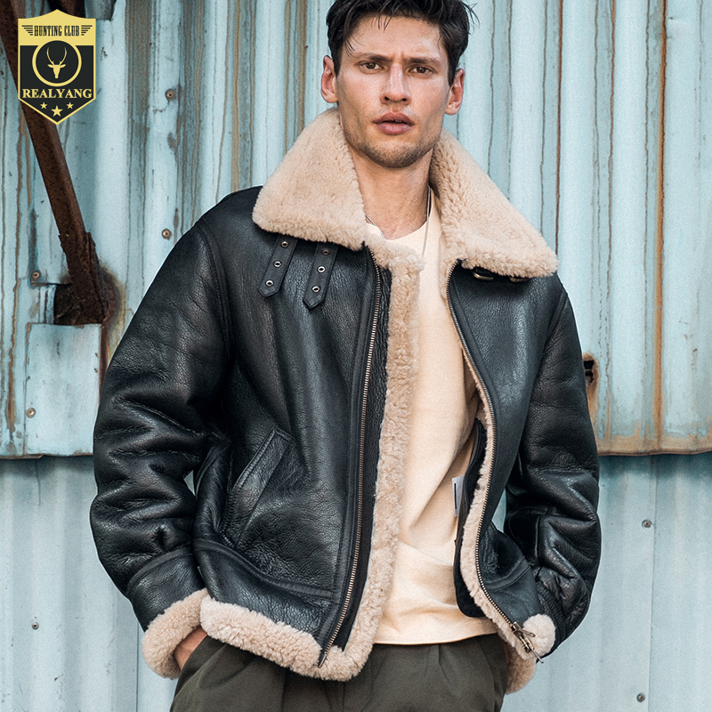 New Hunting-Style Shearling Winter B3 Air Force Flight Jacket Genuine Leather Men's Fur Coat Thick Natural Eco-Friendly