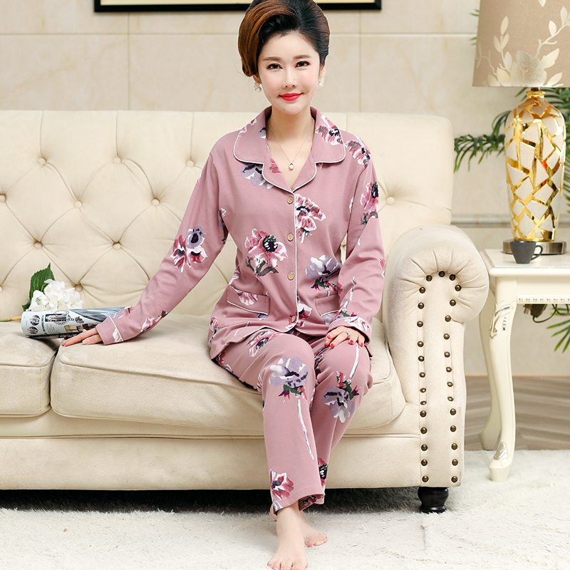 Trung niên mùa xuân pajama cô gái và mùa thu cotton dài tay áo mùa thu nữ trung niên mẹ womens mùa thu mất hai mảnh bộ.