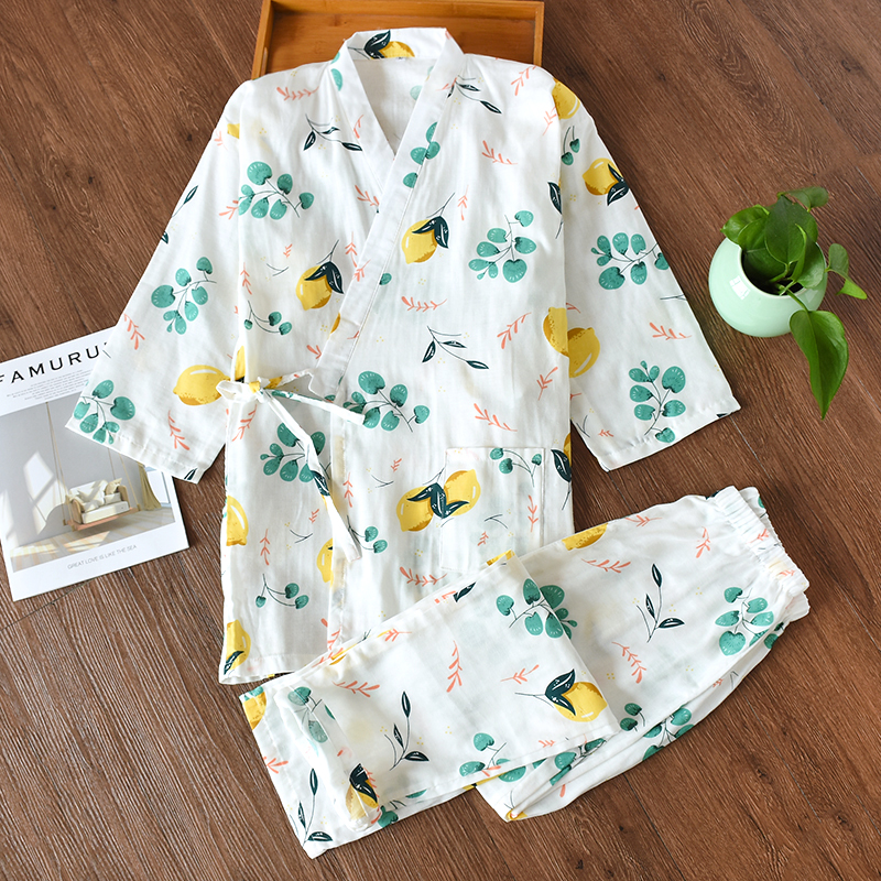 Womens đồ ngủ cotton mùa xuân và mùa thu bông đôi gạc tay áo dép dép phù hợp với Nhật Bản kimono mỏng.