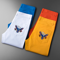 Fall Colour jeans Mens body stretch trousers wear resistant men handsome and casual embroidered pants male yellow tide