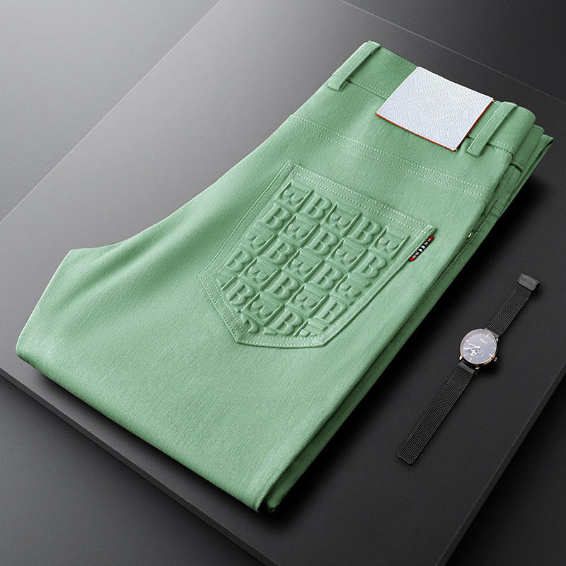 Spring Summer Light Ink green jeans Men's body stretch Fashion pockets embossed men Color pants small straight drum-Taobao