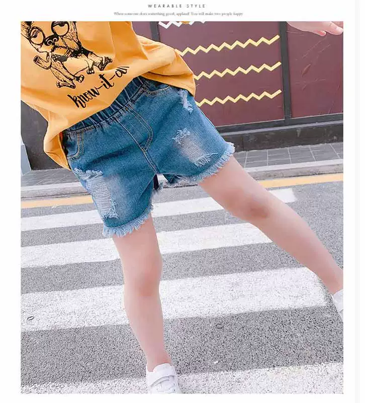 Quần short nữ ống rộng hè 2019 mới trẻ em nước ngoài lỗ gas jeans mặc quần bé gái hoang dã - Quần