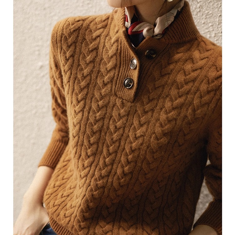 Outlet Clearance Foreign Trade Cut-Label Stand Collar Twisted Button Knit Sweater for Women, European High-End Thick Base Sweater Outlet Clearance Foreign Trade Cut-Label Stand Collar Twisted Button Knit Sweater for Women, European High-End Thick Base Sweater