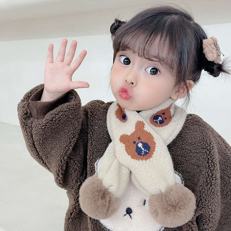 Children's cross scarf autumn and winter baby super cute winter scarf boy cartoon bear cute warm wool neck sleeve