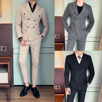 Double-breasted suit suit suit mens slim Korean fashion casual handsome groom wedding suit jacket autumn and winter