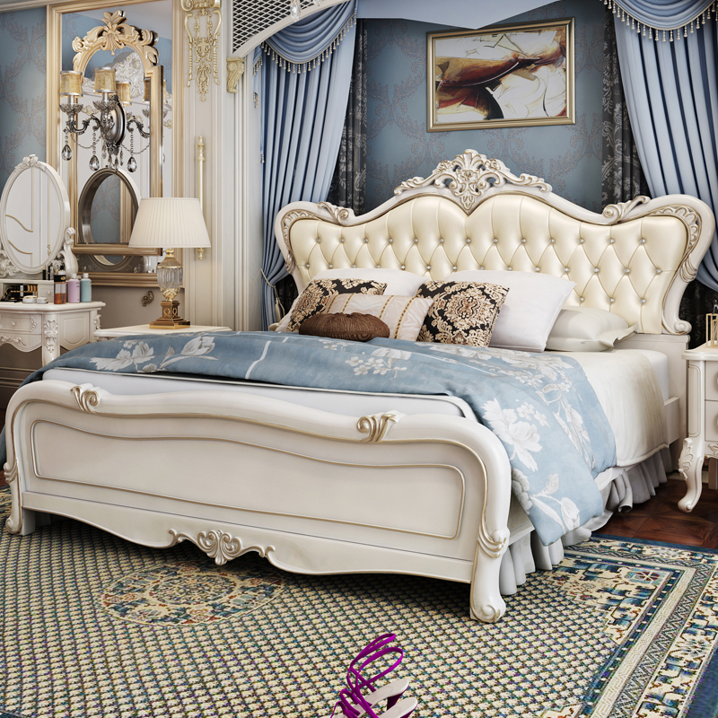 Eurostyle Extravaganza Solid Wood Genuine Leather Bed Bedroom Soft Bag Double Bed Princess Small Family Bedroom Wedding Bed Full House Innate