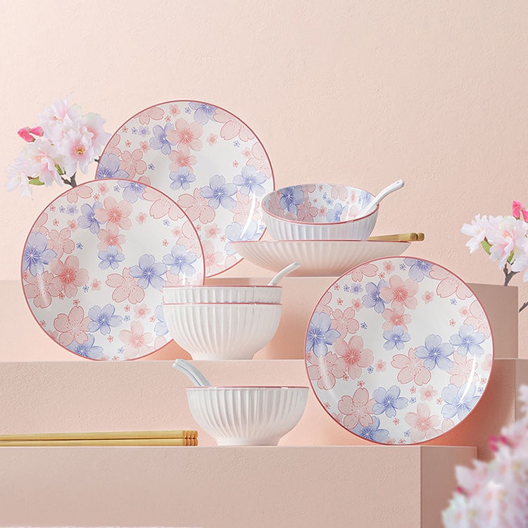Gonghe Jingpin High-Quality Cherry Blossom Tableware 16-Piece Set for Home Use, Ceramic Rice Bowls, Plates, Spoons, Creative Housewarming Gift