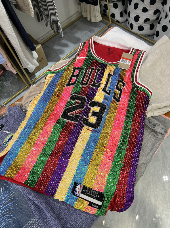 Thai Basketball Jersey Designer Style DIY Jersey Rainbow Striped Vest Hand-Sewn Sequins Unisex Loose Fit