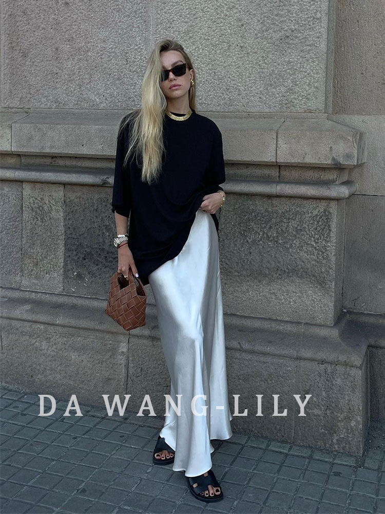 LILY本舗/超ロングハイウエストシンプルサテン輸入アセテート気質45°バイアスカットゴムウエストスカート