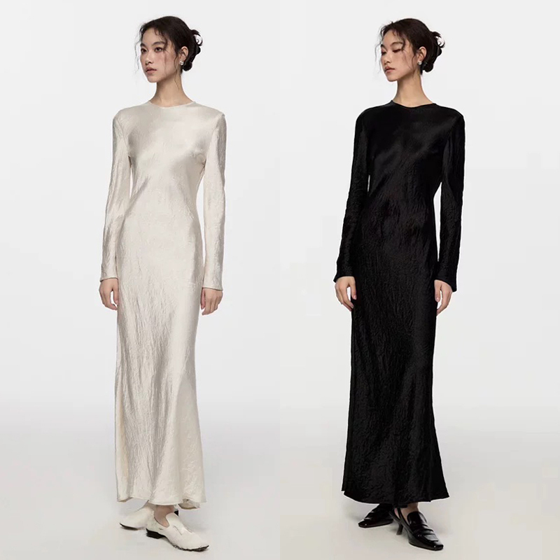 Spring and Autumn French-Style Elegant and Fashionable Satin Pleated Acetate Long-Sleeved Dress for Women