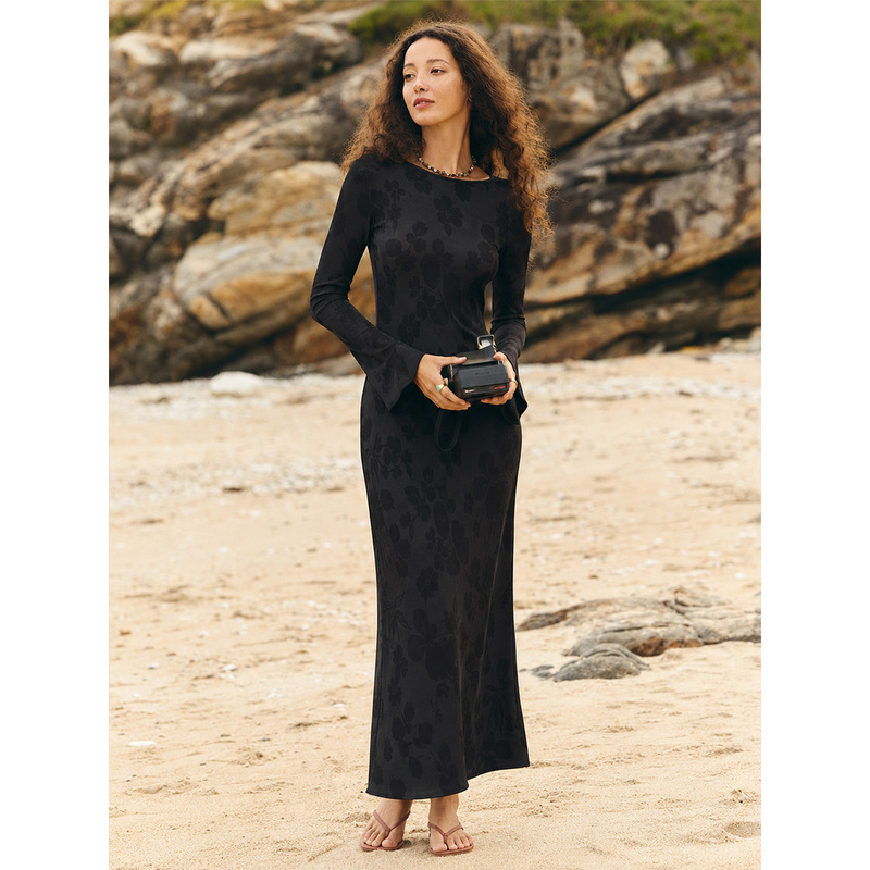 Silk Dress French Retro 100% Mulberry Silk Black Printed Bell Sleeve Dress Women's Spring and Summer Slim Long Dress