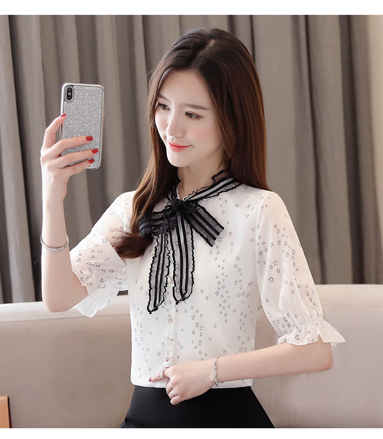 VK旗艦店 韓國風雪紡衫蝴蝶結系帶領星星印花長袖上衣