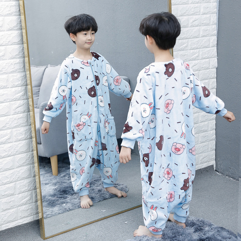 Children's nightgown jumpsuit spring and autumn large children's coral velvet thickened home clothes Autumn and winter boys air conditioning clothes pajamas