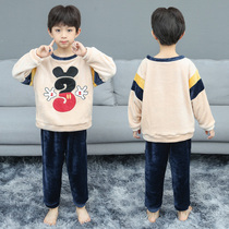 Childrens pajamas plus velvet autumn and winter long sleeves large children cartoon flannel home clothing warm little boy suit