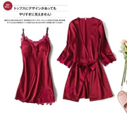 Cô mùa xuân và mùa thu băng lụa dài tay đặt áo ngủ mỏng đám cưới màu đỏ Bộ đồ ngủ cưới của phụ nữ - Night Robe