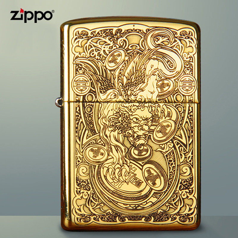 zippo lighter genuine version of the same section Leopard Pure Bronze Golden Chaegold God Five Faces Finely Carved Calligraphy of the Leopard