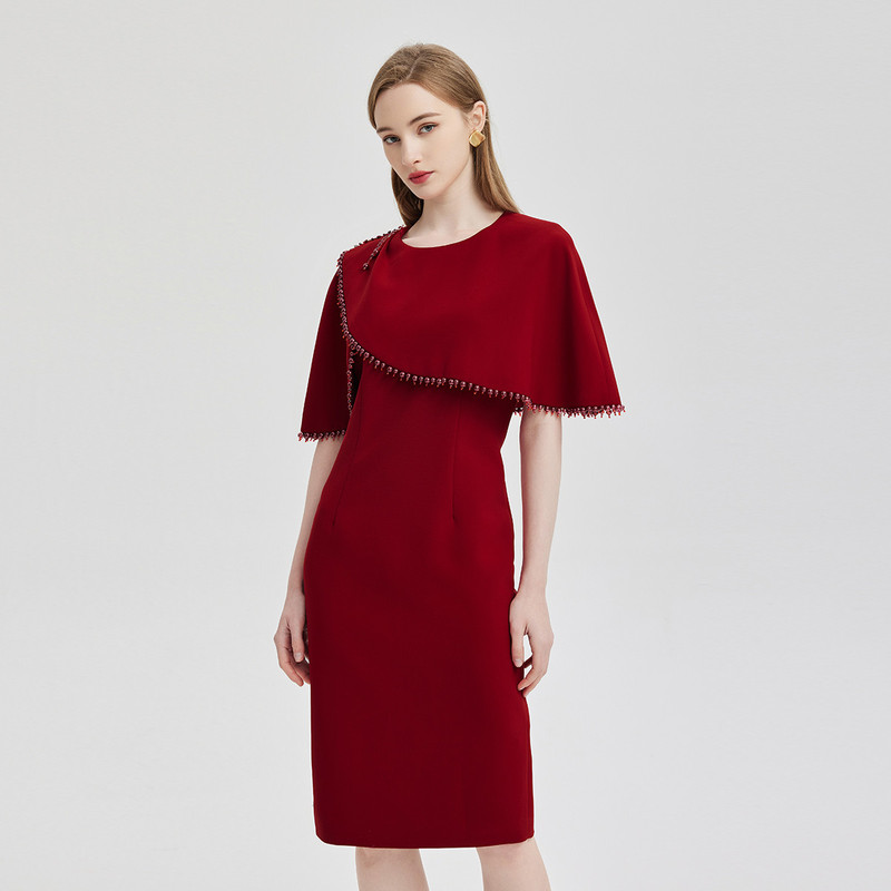 French-Style Elegant Cape Shawl Dress for Women, Red Beaded Waist-Cinching Slimming Dress with a Refined Look French-Style Elegant Cape Shawl Dress for Women, Red Beaded Waist-Cinching Slimming Dress with a Refined Look