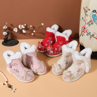 Girls' Hanfu shoes, winter antique children's cotton shoes, Chinese style velvet embroidered shoes, non-slip soft-soled snow boots, trendy