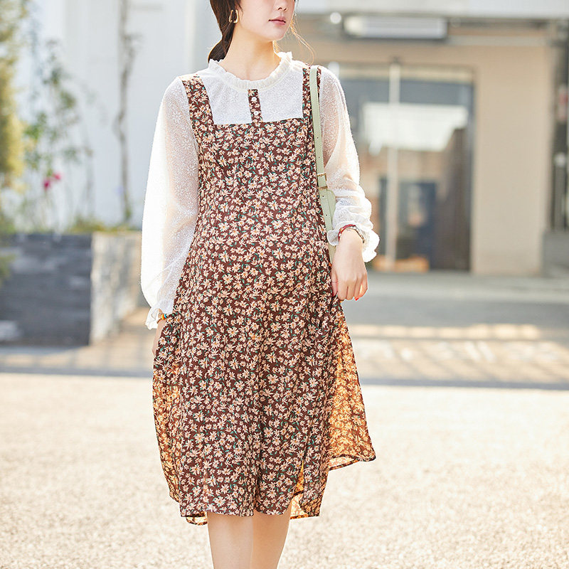 Pregnant women dress 2022 Spring dress new Han color snow spinning noble long sleeve long - sleeve crushing skirt