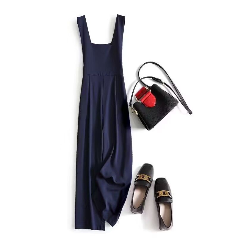 Age-Defying Overalls with a Simple and Clean Straight-Cut, Loose-Fitting Jumpsuit for Women in Summer, Navy Blue Jumpsuit with Wide-Leg Floor-Length Pants