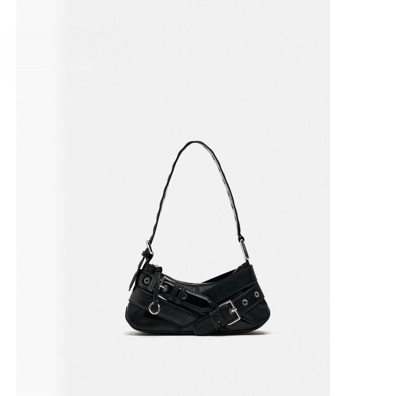 2026 Spring Women's Bag Student Trendy Black Hot Girl Belt Decoration Fashion Single Shoulder Baguette Bag Underarm Bag Motorcycle Bag