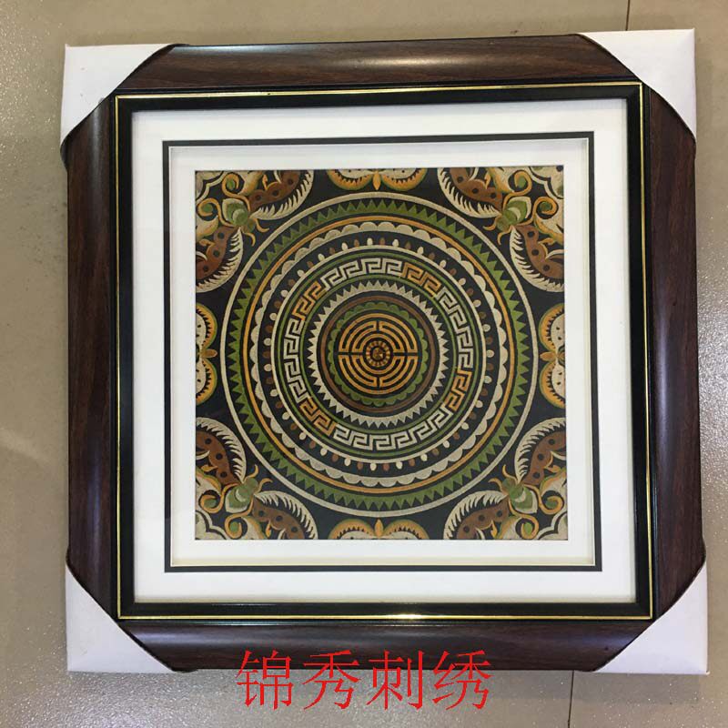 Ethnic copper drum embroidery mural Miao machine embroidery piece photo frame ethnic wind wall decoration hanging painting