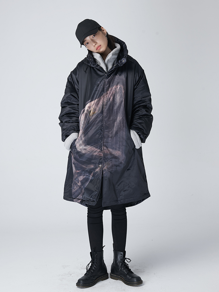 The Dirty Collection winter ultra-warm thickened Heavy-pound oil painting printed long version with cap laying cotton jacket