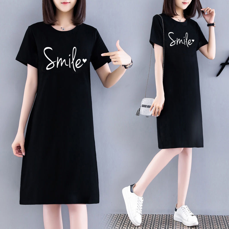 Plus-Size Mid-Length New Dress, Pure Black, Summer Loose Fit, Large Size, Elegant, Slimming, Short-Sleeved T-Shirt Dress for Women