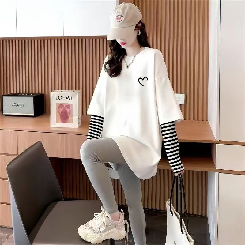 2025 Spring and Autumn New Style White Curved Mid-Length Long-Sleeve Base Shirt for Women with Printed Design T-Shirt Top and Shark Pants