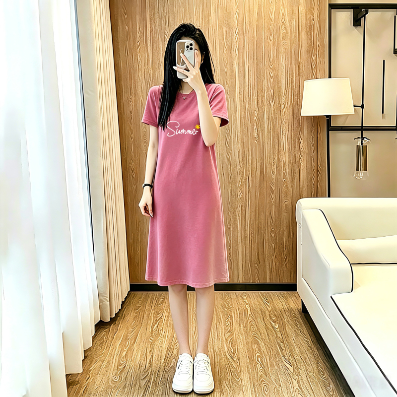Loose and Casual Style T-Shirt Dress That Covers the Belly for Petite Women, Summer 2026 New Casual Mid-Length Straight Dress