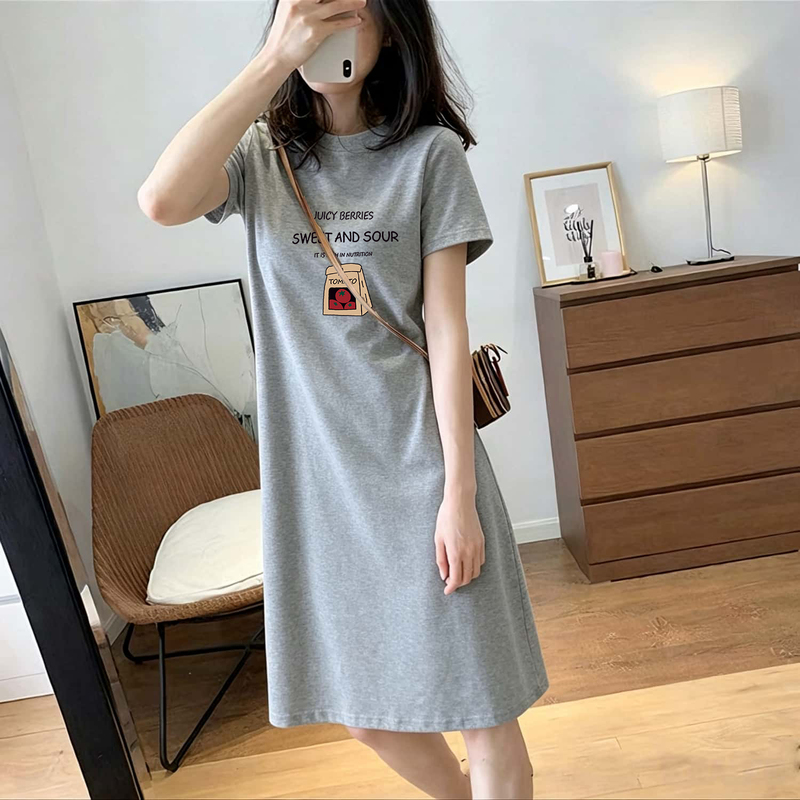2026 Summer Short-Sleeved Knee-Length T-Shirt Dress, Loose Casual Simple Mid-Length Dress, Casual and Slimming