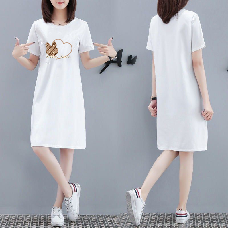 2025 New White Over-The-Knee Long Skirt for Women, Korean Style Loose Short-Sleeved T-Shirt Dress, Fashionable Casual Mid-Length Dress