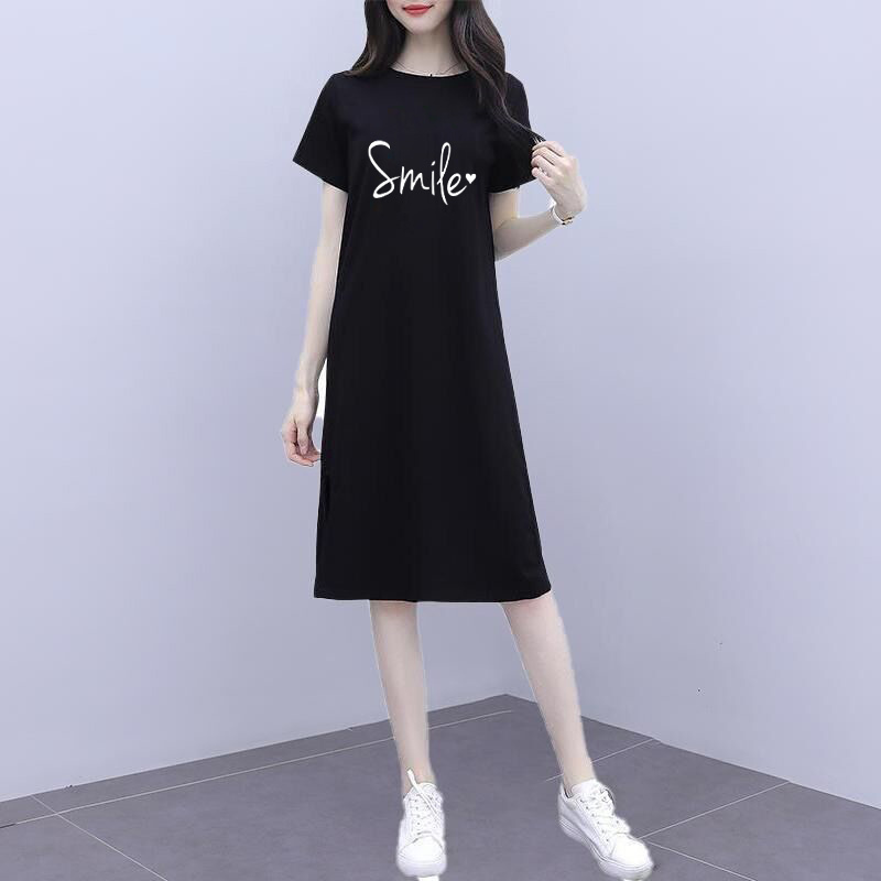 Tall Women's Knee-Length, Waist-Cinching, Slimming, Mid-Length Black Straight Casual Short-Sleeve T-Shirt Dress for Summer Tall Women's Knee-Length, Waist-Cinching, Slimming, Mid-Length Black Straight Casual Short-Sleeve T-Shirt Dress for Summer