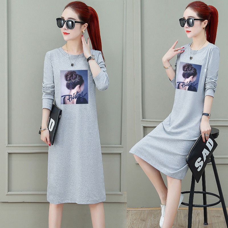 Long-Sleeved 2024 New Spring and Autumn Loose Plus-Size Lazy Dress Round Neck Printed Mid-Length Dress for Women ins Dress Long-Sleeved 2024 New Spring and Autumn Loose Plus-Size Lazy Dress Round Neck Printed Mid-Length Dress for Women ins Dress