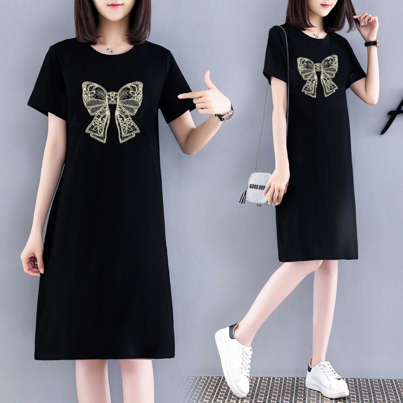 2025 Short-Sleeved Long Dress, Loose Casual Over-The-Knee T-Shirt Dress, Simple Mid-Length Dress for Women, Covering the Body and Making Them Look Slimmer in Summer