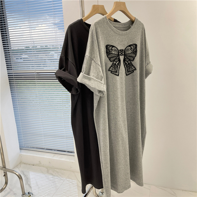 2025 New Short-Sleeved Long Dress, Loose Casual Over-The-Knee T-Shirt Dress, Simple Mid-Length Dress for Women, Slimming for Summer