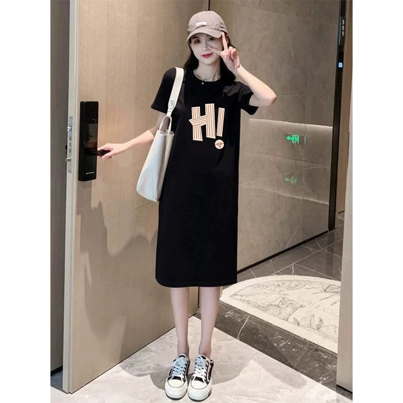 Black Plus-Size Women's Short-Sleeved T-Shirt Dress for Summer, Suitable for Chubby Women, Covers the Belly, Looks Slimming, Age-Reducing, Casual Mid-Length Dress