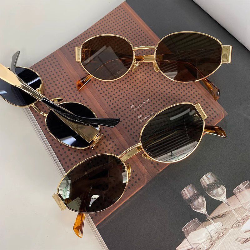 Retro Old Money Style Metal Oval Sunglasses for Women, Sun Protection, High-End, Small Frame, Hong Kong Style, Concave Shape Sunglasses