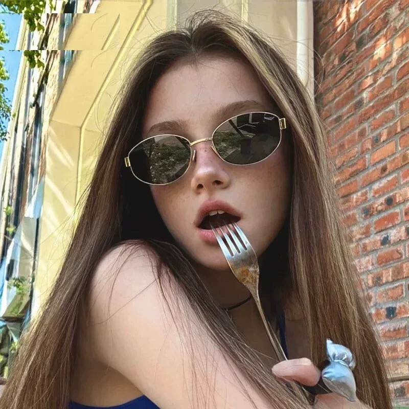 Retro Old Money Style Metal Oval Sunglasses for Women, Sun Protection, High-End Feel, Small Frame, Hong Kong Style, Stylish Sunglasses