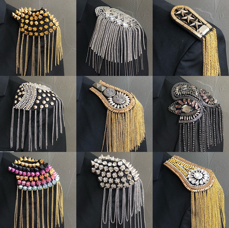 European and American Style Suit Brooches for Men and Women, Stage Performance Exaggerated Dress Coat Rivet Long Tassel Shoulder Accessories