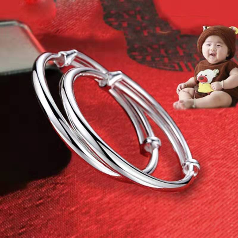 925 Sterling Silver Bracelet for Girls, Princess Bell, Hello Kitty, Children, Kids, Baby, Solid Push-Pull Smooth Surface Baby Bracelet