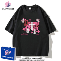 Chaoyuanmei pure cotton niche original printed short-sleeved T-shirt for men and women American retro high street dark style couple half-sleeve